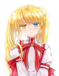 Rule 34 | 1girl, blonde hair, blue eyes, blush, closed mouth, colored eyelashes, commentary request, dress, eyes visible through hair, hair between eyes, head tilt, heterochromia, highres, juliet sleeves, kazamatsuri institute high school uniform, long hair, long sleeves, looking at viewer, nakatsu shizuru, pink dress, puffy sleeves, red ribbon, rewrite, ribbon, school uniform, simple background, smile, solo, straight-on, twintails, upper body, white background, yellow eyes, zuzuhashi