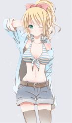 Rule 34 | 1girl, arm up, belt, black thighhighs, blonde hair, blush, body blush, bow, breasts, cleavage, crop top, denim, denim shorts, front-tie top, green eyes, hair bow, halterneck, hiro (hirohiro31), jacket, long hair, looking at viewer, off shoulder, one eye closed, open clothes, open jacket, original, shorts, simple background, skindentation, sleeves rolled up, solo, thighhighs, wink, zettai ryouiki