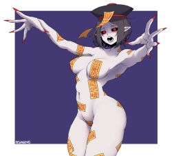 Rule 34 | 1girl, absurdres, ass, black hair, black hat, black sclera, breasts, colored sclera, covered erect nipples, fingernails, ginseng (xin), hat, highres, jiangshi, long fingernails, maebari, nail polish, navel, ofuda, ofuda on ass, ofuda on nipples, ofuda on pussy, open mouth, original, pale skin, pasties, pointy ears, red eyes, red nails, short hair, slit pupils, solo, talisman, teeth, twitter username, two-tone background, undead, very long fingernails