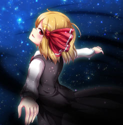 Rule 34 | 1girl, blonde hair, dark, hair ribbon, hyoumon (saihokutan), looking back, open mouth, outstretched arms, red eyes, ribbon, rumia, solo, touhou