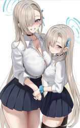 2girls aged_down asuna_(blue_archive) asuna_(school_uniform)_(blue_archive) black_thighhighs blue_archive blue_eyes blue_halo blue_ribbon blue_skirt blush breasts brown_hair choker cleavage collarbone commentary dual_persona hair_over_one_eye hair_ribbon halo highres holding_hands huge_breasts long_hair looking_at_viewer multiple_girls official_alternate_costume pleated_skirt ribbon scrunchie shirt skirt sleeves_rolled_up smile stone_(ksorede) symbol-only_commentary thighhighs thighs very_long_hair white_shirt wrist_scrunchie