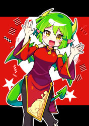 Rule 34 | 1girl, absurdres, black pants, blush, breasts, china dress, chinese clothes, detached sleeves, draco centauros, dragon girl, dragon horns, dragon tail, dragon wings, dress, fang, green hair, highres, horns, looking at viewer, medium breasts, offbeat, open mouth, pants, pointy ears, puyopuyo, red dress, short hair, smile, solo, tail, wings, yellow eyes