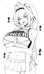 Rule 34 | 1girl, absurdres, ahoge, arm under breasts, bay (nikke), black eyes, blush, breasts, cheerleader, collar, crop top, facial tattoo, goddess of victory: nikke, greyscale, hair intakes, hairband, highres, holding own arm, large breasts, long hair, looking to the side, masaki nanaya, mole, mole on breast, mole under eye, mole under mouth, monochrome, pom pom (cheerleading), ponytail, shirt, skirt, solo, spiked collar, spikes, star tattoo, sweat, tattoo, underboob