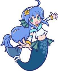 Rule 34 | 1girl, ;d, ahoge, aqua eyes, artist request, blue hair, blush, blush stickers, fins, full body, hair ornament, head fins, long hair, low-tied long hair, lowres, mermaid, monster girl, navel, non-web source, one eye closed, open mouth, outstretched arms, puyopuyo quest, serilly (puyopuyo), smile, solo, transparent background, very long hair, white background