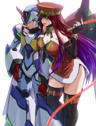 Rule 34 | 1boy, 1girl, android, armor, black thighhighs, breasts, christmas, cleavage, collarbone, ferham (mega man), green eyes, hat, helmet, highres, hoshi mikan, large breasts, mega man (series), mega man x: command mission, x (mega man), mega man x (series), mega man x dive, nail polish, robot, seductive smile, simple background, smile, sweatdrop, thighhighs, whip, white background