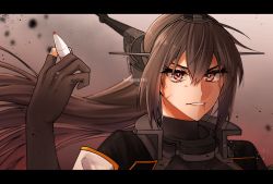 Rule 34 | 1girl, black gloves, black hair, blood, blood on face, elbow gloves, eyelashes, gloves, hair between eyes, headgear, holding, kantai collection, letterboxed, long hair, machi (ritovoyage), nagato (kancolle), nagato kai ni (kancolle), open mouth, partially fingerless gloves, red eyes, shell casing, simple background, solo, upper body