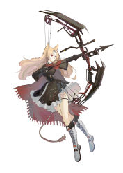 Rule 34 | 1girl, absurdres, aiming, animal ear fluff, archetto (arknights), arknights, arrow (projectile), black dress, black gloves, blonde hair, blue eyes, boots, bow (weapon), bracelet, cape, closed mouth, corset, cross-laced footwear, dress, elbow gloves, epaulettes, frilled dress, frills, full body, gloves, heterochromia, highres, holding, holding bow (weapon), holding weapon, infection monitor (arknights), jewelry, knee boots, lace-up boots, lion tail, long hair, looking to the side, naoel (naoel art), red cape, red eyes, short sleeves, simple background, solo, tail, thigh strap, very long hair, weapon, white background, white footwear