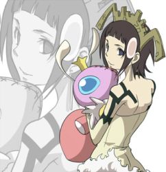 Rule 34 | 00s, 1girl, artist request, bare shoulders, brown hair, crown, dress, earrings, gloves, jewelry, looking at viewer, lowres, ponera (soul eater), princess, short hair, smile, solo, soul eater, stuffed animal, stuffed toy, tattoo, zoom layer