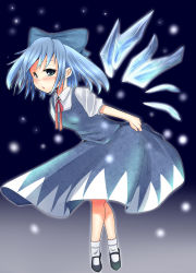 Rule 34 | 1girl, bad id, bad pixiv id, blue eyes, blue hair, blush, bow, cirno, crossed legs, dress, hair bow, highres, ice, leaning forward, matching hair/eyes, snow, socks, solo, standing, tiptoes, touhou, wagoromo kei, wings, ykossan (movile)