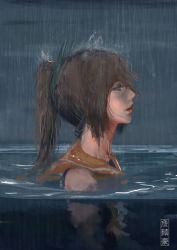 Rule 34 | 10s, 1girl, absurdres, bare shoulders, brown eyes, brown hair, highres, i-401 (kancolle), kantai collection, kc (kccorporation), kevin chandra, lips, nose, partially submerged, partially underwater shot, ponytail, profile, rain, realistic, reflection, sailor collar, school swimsuit, school uniform, serafuku, short ponytail, solo, swimsuit, underwater, water
