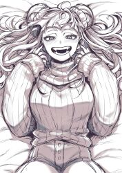 Rule 34 | 1girl, blush, boku no hero academia, breasts, commentary request, double bun, fangs, greyscale, hair bun, highres, long hair, long sleeves, looking at viewer, medium breasts, monochrome, open mouth, pants, solo, sweater, takatsuki ichi, teeth, toga himiko, turtleneck, turtleneck sweater