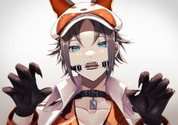 Rule 34 | 1boy, animal ears, animal hat, aqua eyes, bit gag, black choker, black gloves, brown hair, choker, claw pose, coat, collarbone, collared coat, collared shirt, commentary request, fangs, fox ears, fox hat, gag, gagged, gagged male, gloves, hands up, hat, highres, jewelry, long sleeves, looking at viewer, male focus, mysta rias, mysta rias (1st costume), nijisanji, nijisanji en, open mouth, orange shirt, parted bangs, pendant, pendant choker, peridot (periperi 8), shirt, short hair, sidelocks, solo, teeth, upper body, virtual youtuber, white background, white coat, white hat