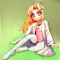 Rule 34 | 1girl, blonde hair, bodysuit, bodysuit under clothes, breasts, bright pupils, covered navel, cross-shaped pupils, futaba channel, hair ornament, hair ribbon, hand up, highres, leotard, long sleeves, maid headdress, nijiura maids, open mouth, orange eyes, pink leotard, pink ribbon, ponytail, ribbon, sitting, small breasts, solo, symbol-shaped pupils, tensai (nijiura maids), tsukiyono aroe, turnip, white bodysuit, white pupils