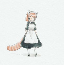 Rule 34 | 1girl, black hair, commentary request, extra ears, closed eyes, full body, kemono friends, kuromitsu (9633 kmfr), lesser panda (kemono friends), maid, maid headdress, multicolored hair, orange hair, red panda ears, red panda tail, short hair, simple background, smile, solo, striped tail, tail, white background, white hair