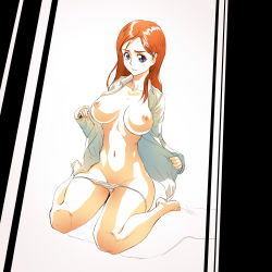 Rule 34 | 1girl, barefoot, bleach, blue eyes, breasts, collarbone, collared shirt, feet, groin, inoue orihime, jonite, large breasts, legs, long hair, long sleeves, looking at viewer, navel, nipples, no bra, open clothes, orange hair, panties, panty pull, shirt, simple background, sitting, solo, thighs, toes, unbuttoned, underwear, undressing, white panties