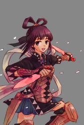 Rule 34 | 1girl, :d, armor, bow, brown eyes, brown hair, dagger, dual wielding, fingerless gloves, furiko, furiko (yotsuhara), gensou suikoden, gensou suikoden v, gloves, grey background, hair bow, hair ornament, holding, knee pads, knife, large bow, looking at viewer, miakis (suikoden), open mouth, reverse grip, sheath, sheathe, simple background, skirt, smile, solo, thighhighs, weapon, zettai ryouiki