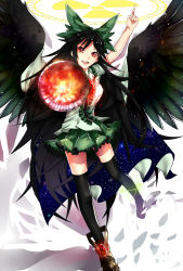 Rule 34 | 1girl, :d, alternate weapon, arm cannon, asymmetrical legwear, bad id, bad pixiv id, bird wings, black hair, black thighhighs, black wings, boots, bow, cape, chiaki kou, feathered wings, frilled skirt, frills, green bow, hair bow, highres, long hair, open mouth, orange eyes, pointing, pointing up, puffy short sleeves, puffy sleeves, radiation symbol, reiuji utsuho, senshuu kou, short sleeves, skirt, smile, solo, space, star (sky), thighhighs, third eye, touhou, uneven legwear, very long hair, weapon, wings