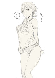 Rule 34 | ..., 1girl, arm behind back, blush, buruma, clothes writing, feet out of frame, gym uniform, looking at viewer, monochrome, nora higuma, shirt, shirt tug, short hair, short twintails, simple background, sketch, solo, spoken ellipsis, standing, t-shirt, twintails, white background