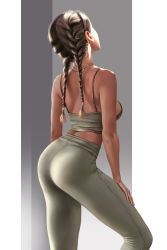 Rule 34 | ass, bare arms, bare shoulders, braid, breasts, camisole, dark-skinned female, dark skin, facing away, facing up, feet out of frame, french braid, from behind, from side, grey background, grey pants, hair ornament, highres, jewelry, long hair, midriff, necklace, original, pants, sideboob, skin tight, sleeveless, solo, standing, twin braids, twintails, yanghuan