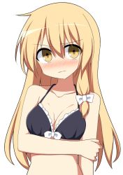 Rule 34 | 1girl, bad id, bad pixiv id, bare arms, bare shoulders, bikini, black bikini, blonde hair, blush, bow, bow bikini, breasts, cleavage, collarbone, commentary request, embarrassed, enushi (toho193), grabbing own arm, hair between eyes, hair bow, halterneck, highres, kirisame marisa, long hair, looking at viewer, medium breasts, no headwear, nose blush, simple background, single sidelock, solo, stomach, swimsuit, touhou, upper body, wavy mouth, white background, white bow, yellow eyes