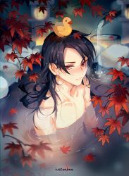 Rule 34 | 1boy, air bubble, autumn leaves, bad id, bad pixiv id, bamboo, black hair, blurry, blush, boots, branch, bubble, bucket, closed mouth, collarbone, completely nude, depth of field, ear blush, earrings, embarrassed, fog, fountain, from above, hair down, hair over one eye, highres, instocklee, jewelry, kashuu kiyomitsu, leaf, leaf on head, long hair, looking at viewer, male focus, maple leaf, mole, mole under mouth, night, nose blush, nude, object on head, onsen, partially submerged, red eyes, rubber boots, solo, stone lantern, touken ranbu, upper body, water, wet, wet hair, wooden bucket
