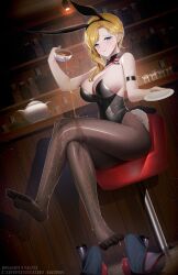 Rule 34 | 1girl, alternate costume, animal ears, armlet, artist name, azur lane, bar (place), black leotard, black pantyhose, blonde hair, blue eyes, bow, bowtie, breasts, closed mouth, commentary, commission, covered navel, crossed legs, cup, detached collar, english commentary, fake animal ears, feet, full body, gdat, hair over shoulder, hands up, holding, holding cup, hood (azur lane), indoors, large breasts, legs, leotard, long hair, looking at viewer, pantyhose, playboy bunny, pouring, rabbit ears, rabbit tail, shoes, sitting, smile, smirk, solo, strapless, strapless leotard, tail, tea, teacup, toes, union jack print, unworn shoes, watermark, wet, wet clothes, wet pantyhose