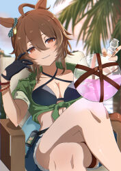 Rule 34 | 1girl, agnes tachyon (lunatic lab) (umamusume), agnes tachyon (umamusume), ahoge, animal ears, belt, bikini, black bikini, black gloves, blush, breasts, brown hair, cleavage, collarbone, commentary request, cowboy shot, criss-cross halter, cropped torso, crossed legs, dated, ear ornament, flask, gloves, green jacket, grin, hair between eyes, hair bun, halterneck, highres, holding, holding flask, horse ears, horse girl, jacket, looking at viewer, navel, official alternate costume, official alternate hairstyle, red eyes, round-bottom flask, short hair, short sleeves, signature, simple background, single glove, small-wso6-bell, small breasts, smile, solo, sparkle, swimsuit, tied jacket, umamusume, upper body, white background