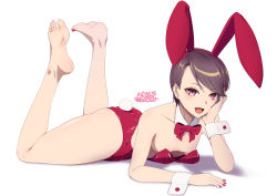 Rule 34 | 1girl, animal ears, barefoot, bow, bowtie, breasts, brown hair, commentary request, dated, detached collar, fake animal ears, gundou mirei, hand on own face, leotard, lying, nail polish, nijisanji, on stomach, playboy bunny, rabbit ears, rabbit tail, red bow, red bowtie, red eyes, red leotard, short hair, signal dead, signature, simple background, small breasts, smile, solo, strap slip, strapless, strapless leotard, tail, the pose, thighs, virtual youtuber, white background, wrist cuffs