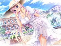 Rule 34 | 10s, 1girl, bertille althusser, blonde hair, blue eyes, blush, breasts, building, cleavage, cloud, dress, drill hair, fountain, game cg, hat, huge breasts, komori kei, legs, long hair, looking at viewer, sky, smile, solo, standing, sunlight, thighs, walkure romanze, walkure romanze more &amp; more, water