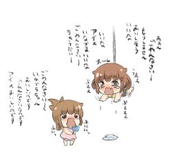 Rule 34 | 10s, 2girls, alternate costume, brown eyes, brown hair, crying, closed eyes, female focus, folded ponytail, gale kawaii, hair ornament, hairclip, ikazuchi (kancolle), inazuma (kancolle), kantai collection, long hair, multiple girls, panties, ponytail, short hair, tears, underwear, wavy mouth, white background, aged down