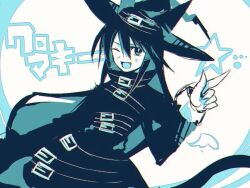 Rule 34 | 1girl, angel wings, animal ears, black dress, black jacket, blue eyes, cat ears, cat girl, cat tail, chlomaki, dress, fang, funamusea, gloves, hat, jacket, light blue background, long sleeves, mini wings, multicolored background, one eye closed, oounabara to wadanohara, open mouth, sketch, smile, solo, tail, translation request, white background, white gloves, wings, witch hat, zenryoku eimin