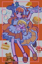 Rule 34 | 2girls, apron, blonde hair, bubble, cake, checkered background, cheese, closed eyes, color8838, don quixote (project moon), food, highres, holding, holding tray, ice cream, ishmael (project moon), limbus company, long hair, multiple girls, open mouth, orange hair, pancake, project moon, stuffed animal, stuffed toy, teddy bear, tray, tripping, very long hair, waitress
