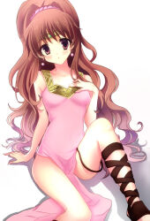 Rule 34 | 1girl, :o, brown eyes, brown hair, circlet, collarbone, fire emblem, fire emblem: mystery of the emblem, fire emblem: shadow dragon and the blade of light, gladiator sandals, hand on own chest, jewelry, linde (fire emblem), long hair, looking at viewer, nintendo, pink robe, ponytail, robe, sandals, scrunchie, shadow, sitting, solo focus, third-party source, very long hair, white background