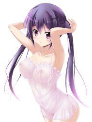 Rule 34 | 1girl, armpits, arms up, blush, breasts, covered erect nipples, gochuumon wa usagi desu ka?, hair ornament, hairclip, large breasts, long hair, looking at viewer, navel, nightgown, nipples, no bra, no panties, purple eyes, purple hair, riki (archf), see-through, simple background, solo, tedeza rize, twintails, white background