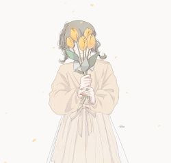 Rule 34 | 1girl, braid, brown hair, covering face, cowboy shot, dress, flower, holding, holding flower, long sleeves, medium hair, misoshiru 15, muted color, nail polish, original, short braid, short twintails, solo, twin braids, twintails, white background, yellow dress, yellow nails