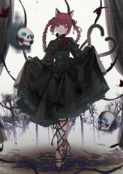 Rule 34 | 1girl, :3, absurdres, animal ears, black dress, black flower, black footwear, black ribbon, black rose, braid, cat ears, cat girl, cat tail, closed mouth, corset, curtains, daimaou ruaeru, dress, flower, frilled corset, frilled dress, frills, full body, hair ribbon, heart, heart tail, highres, kaenbyou rin, leg ribbon, long hair, long sleeves, looking at viewer, multiple tails, red eyes, red flower, red rose, ribbon, rose, shoes, skirt hold, skull, smile, solo, tail, touhou, twin braids, two tails