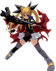 Rule 34 | 00s, 1girl, axe, bardiche (nanoha), belt, blonde hair, blush, buckle, fate testarossa, fighting stance, grey thighhighs, holding, holding weapon, kurosho, looking at viewer, lyrical nanoha, mahou shoujo lyrical nanoha, miniskirt, pleated skirt, red eyes, simple background, skirt, solo, thighhighs, twintails, uniform, weapon, white background, white skirt