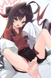 Rule 34 | 1girl, :3, ahoge, barefoot, black hair, black horns, black shorts, blue archive, blurry, coat, collared shirt, commentary, demon girl, demon horns, demon tail, depth of field, duplicate, fang, feet, foot out of frame, hair intakes, halo, highres, horns, kasumi (blue archive), knees up, lab coat, legs, long hair, momoyama momo, open mouth, parted bangs, red halo, red shirt, shirt, shirt tucked in, shorts, simple background, sitting, sleeves past fingers, sleeves past wrists, smile, soles, solo, spread legs, symbol-only commentary, tail, toes, v-shaped eyebrows, white background, white coat, yellow eyes