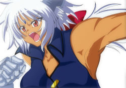 Rule 34 | 00s, 1girl, armpits, bare shoulders, brown eyes, buttons, clenched hand, collar, collarbone, gauntlets, gender request, genderswap, long hair, lyrical nanoha, mahou shoujo lyrical nanoha, mahou shoujo lyrical nanoha strikers, silver hair, simple background, solo, upper body, very long hair, vest, white background, zafira