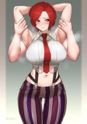 Rule 34 | 1boy, 1girl, age difference, breasts, female focus, hands up, kirinkirin, mature female, pants, red eyes, red hair, red tie, shirt, snk, suspenders, sweat, the king of fighters, vanessa (kof), white shirt
