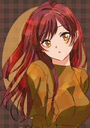 Rule 34 | 1girl, :o, absurdres, alternate costume, blush, breasts, brown dress, circle, dress, earrings, eyelashes, hairband, highres, idolmaster, idolmaster shiny colors, jewelry, long hair, looking at viewer, medium breasts, osaki amana, paddy field, plaid, plaid background, red hair, solo, swept bangs, two-tone background, upper body, yellow eyes