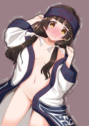 Rule 34 | 10s, 1girl, ainu clothes, amayadori machi, black hair, blunt bangs, blush, breasts, brown eyes, convenient censoring, headband, highres, japanese clothes, kumamiko, long hair, looking at viewer, miko, nekono matatabi, nose blush, open clothes, small breasts, solo, trembling, twintails, wavy mouth