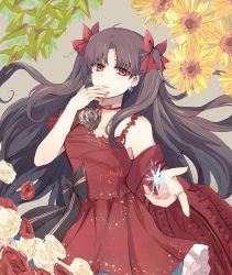 Rule 34 | 1girl, black bow, bow, brown hair, choker, closed mouth, collarbone, dress, earrings, fate/grand order, fate (series), floating hair, flower, grey background, hair bow, hair intakes, highres, ishtar (fate), jewelry, long hair, looking at viewer, red bow, red dress, red eyes, red flower, red ribbon, red rose, ribbon, ribbon choker, ring, rose, sketch, smile, sodamachi, solo, standing, star (symbol), star earrings, very long hair, white flower, white rose, yellow flower