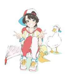 Rule 34 | 1girl, backwards hat, beak, bird, black hair, blue eyes, collarbone, double v, duck, hand fan, hat, highres, hololive, looking at viewer, marugayotsu, multicolored clothes, multicolored legwear, oozora subaru, oozora subaru (1st costume), oozora subaru (duck), orange thighhighs, shadow, shirt, shoelaces, shoes, short hair, sitting, smile, solo, striped clothes, striped shirt, striped wristband, teeth, thighhighs, v, vertical-striped clothes, vertical-striped shirt, virtual youtuber, white background, white footwear, white thighhighs, wristband