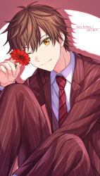 Rule 34 | 1boy, brown hair, collared shirt, commentary request, dated, feet out of frame, flower, formal, happy birthday, highres, holding, holding flower, long sleeves, looking at viewer, male focus, necktie, on air!, one eye closed, pinstripe pattern, red flower, red necktie, red suit, sekina, shadow, shirt, smile, solo, spotlight, striped necktie, suit, toba kasumi, white shirt, yellow eyes
