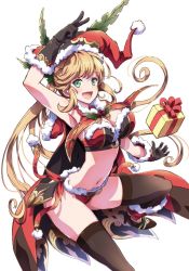 Rule 34 | 10s, 1girl, :d, arched back, arm up, armpits, bare shoulders, black footwear, black gloves, black thighhighs, blonde hair, blush, box, breasts, cape, clarisse (granblue fantasy), cleavage, gift, gift box, gloves, granblue fantasy, green eyes, hat, high heels, kaishaku, large breasts, long hair, looking at viewer, navel, open mouth, panties, ponytail, red panties, santa costume, santa hat, shoes, sidelocks, sleeveless, smile, solo, thighhighs, underwear, v, white background