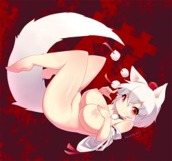 Rule 34 | 1girl, animal ears, artist name, barefoot, blueberry (5959), breasts, character name, choker, detached sleeves, female focus, hand on own chest, hat, index finger raised, inubashiri momiji, large breasts, nipples, nude, open mouth, red eyes, short hair, smile, solo, tail, tokin hat, touhou, white hair, wolf ears, wolf tail