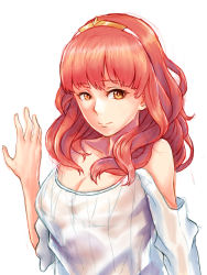 Rule 34 | 1girl, bare shoulders, celica (fire emblem), closed mouth, fire emblem, fire emblem echoes: shadows of valentia, hair ornament, hairband, highres, long hair, nintendo, pocari66, red eyes, red hair, see-through, simple background, solo, white background