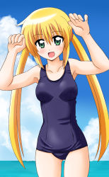 Rule 34 | 1girl, bad id, bad pixiv id, blonde hair, green eyes, hayate no gotoku!, highres, long hair, one-piece swimsuit, open mouth, ponzu rui, sanzen&#039;in nagi, school swimsuit, solo, swimsuit, twintails