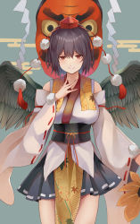 Rule 34 | 1girl, absurdres, bare shoulders, bird wings, black hair, black skirt, collarbone, detached sleeves, feathered wings, hair between eyes, hand fan, hat, hauchiwa, highres, holding, holding fan, koizumo, open mouth, pleated skirt, pom pom (clothes), red eyes, red hat, shameimaru aya, short hair, skirt, solo, tokin hat, touhou, wide sleeves, wings
